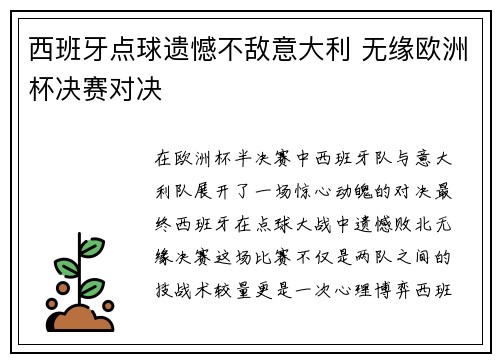 西班牙点球遗憾不敌意大利 无缘欧洲杯决赛对决